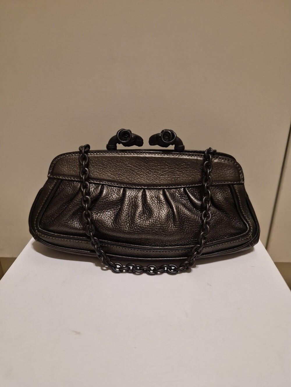 Derek Lam "Clothilde" Metallic Black Leather Frame Chain/Clutch Handbag Ret$1200